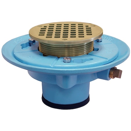 Jones Stephens 4in Push On Code Blue Floor Drain 9in Pan, 5in Polished Brass Round Strainer D66735